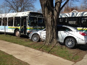 Windsor police are investigating after a Transit Windsor bus collided with a Chrysler sedan on Dominion Boulevard on Tuesday, March 29, 2016.