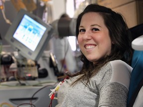 Carly Freeman is shown on March 23, 2016 at Windsor Regional Hospital's dialysis unit, where she is receiving a plasma exchange to treat a rare blood disorder.