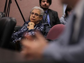 Ash Grove Manor resident Lottie Taillefer listens to Kirk Whittal speak during the regular city council meeting at city hall in Windsor on Tuesday, March 29, 2016.