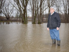 Peter Glass stands in his back yard that he claims floods each time it rains now due to the recent construction of the Herb Grey parkway in LaSalle, Ontario on Monday, March 28, 2016. Glass has lived in the area his entire life and is frustrated with the difficulty in finding a solution to the flooding issue.