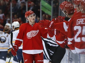 Detroit Red Wings centre Dylan Larkin celebrates his goal against the Buffalo Sabres in the first period of an NHL hockey game on March 28, 2016, in Detroit.