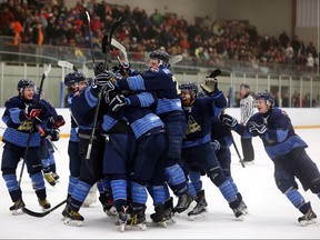 The Amherstburg Admirals celebrate their overtime victory over the Essex 73's for force game 7 in the Great Lakes Junior C final  in Amherstburg, Ont. on March 18, 2016.