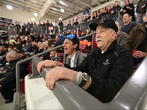 Amherstburg Mayor Aldo DiCarlo and  Essex Mayor Ron McDermott react during the Great Lakes Junior C Hockey League Final between the Essex 73's and Amherstburg Admirals on March 15, 2016.