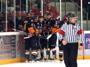 The Essex 73's celebrate a second period goal against the Amherstburg Admirals during game one of the Great Lakes Junior C Hockey League finals against the Essex 73's at Essex Arena on March 8, 2016.