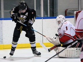 Vipers Nathan Savage tries to unlock his stick from the glove of Leamington Flyers Tyler Wall in a game in LaSalle on Jan. 20, 2016.