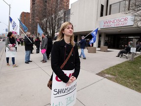 Amanda Meloche , president of CUPE local 2067 leads a rally in downtown Windsor, Ont. on March 22, 2016.