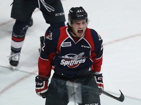 Windsor Spitfires Brendan Lemieux celebrates one of thee second period goals against the Kitchener Rangers in game 4 Ontario Hockey League playoff action  at the WFCU Centre in Windsor, Ont. on March 30, 2016.