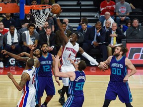 Reggie Jackson of the Detroit Pistons drives to the net against the Charlotte Hornets on March 25, 2016, in Auburn Hills, Mich.
