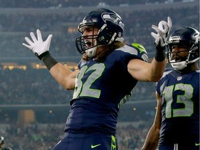 Luke Willson of the Seattle Seahawks celebrates after scoring a touchdown against the Dallas Cowboys on Nov. 1, 2015 in Arlington, Texas.