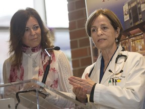 Dr. Caroline Hamm, right, an oncologist with the Windsor Regional Cancer Program, and Monica Staley, vice-president, regional cancer and renal programs, speak at a news conference on March 8, 2016.