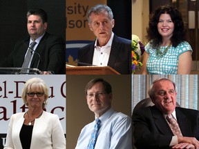 Some of the top public sector earners in Windsor and Essex County for 2015 are pictured above. Clockwise from top left: David Musyj, president Windsor Regional Hospital, Alan Wildeman, president University of Windsor, Patricia France, president St. Clair College, Janice Kaffer, president and CEO Hotel-Dieu Grace Hospital, Gary Kirk, medical officer of health and John Strasser, former president at St. Clair College.