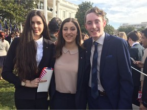 Tamara Vugic, left, Natalie Culmone and Jeremy Burke are shown in the Rose Garden of the White House in Washington, D.C., on March 10, 2016 during the official welcome of Canadian Prime Minister Justin Trudeau.