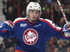 Windsor Spitfires Hayden McCool celebrates a goal during a game on on Dec. 31, 2015.