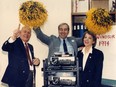 Waving pom-poms from Amherst Secondary School, chairman Dave Cassivi cheers Windsor with George MacDonald and Margaret Williams on Nov. 7, 1987 as part of the bid to host the 1994 Commonwealth Games.