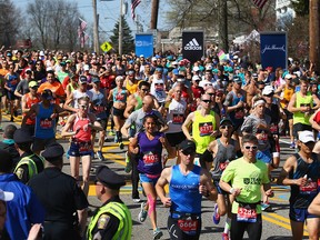 HOPKINTON, MA - APRIL 18:  A general view as Wave One runners start the 120th Boston Marathon on April 18, 2016 in Hopkinton, Massachusetts.
