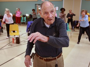 Windsor, Ontario. April 25, 2016 -- Mervin Tofflemire, who turns 100 years old this Wednesday, during workout/birthday party at Life After Fifty West Side Centre April 25, 2016. Even at his age, Tofflemire loves joining other seniors for an extensive workout set to contemporary music. (NICK BRANCACCIO/Windsor Star)