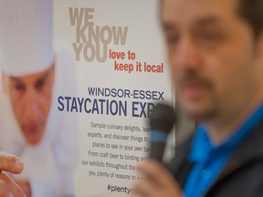 Nelson Santos, Kingsville mayor and chair of the board of directors, TWEPI, speaks at a press conference encouraging local residents to think 'stay cation' while at the Windsor Essex Staycation Expo at Devonshire Mall, Friday, April 29, 2016. (DAX MELMER/The Windsor Star)