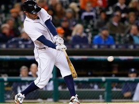 Ian Kinsler #3 of the Detroit Tigers singles against the Oakland Athletics during the sixth inning at Comerica Park on April 27, 2016 in Detroit, Michigan. Kindler scored in the sixth on a home run by Victor Martinez. The Tigers defeated the Athletics 9-4. (Photo by Duane Burleson/Getty Images)