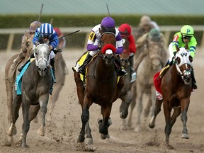 Nyquist #4, riden by Mario Gutuerrez, leads Mohaymen #9, riden by Junior Alvarado, out of turn four during the 2016 Florida Derby at Gulfstream Park April 2, 2016 in Hallandale, Fla.
