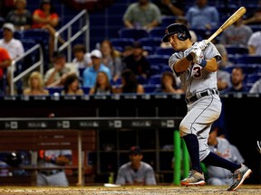 Ian Kinsler #3 of the Detroit Tigers hits an RBI single in the 11th inning during 2016 Opening Day against the Miami Marlins  at Marlins Park on April 5, 2016 in Miami, Florida.