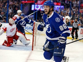 Nikita Kucherov #86 of the Tampa Bay Lightning celebrates his second goal of the game against the Detroit Red Wings during the second period in Game One of the Eastern Conference Quarterfinals during the 2016 NHL Stanley Cup Playoffs at Amalie Arena on April 13, 2016 in Tampa, Florida.