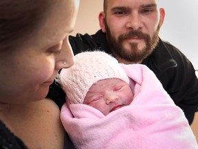 Susan Dasilva and Don Hazelton comfort their newborn baby girl, Skye-Lee Lynn Hazelton at Windsor Regional Hospital on April 1, 2016.