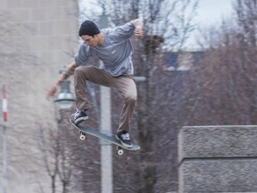 Ryan Barron skateboarding in downtown Windsor, April 2015.