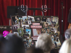 Photos of Ryan Barron, the Windsor skateboarder killed in a hit and run in Vancouver, are displayed at a memorial for Barron at New Song Church, Saturday, April 30, 2016.
