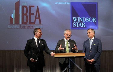 Brian Schwab, Steven Savage and John Savage (left to right) from Cypher Systems Group accept the Believe Windsor Essex Award during the 2016 BEA awards at Caesars Windsor in Windsor on Tuesday, April 20, 2016.