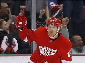 Detroit Red Wings centre Brad Richards celebrates his shootout goal against the Buffalo Sabres during an NHL hockey game on Dec. 1, 2015 in Detroit.