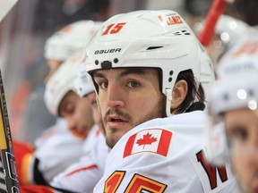 Kevin Westgarth #15 of the Calgary Flames looks on from the bench during an NHL game against the Carolina Hurricanes at PNC Arena on January 13, 2014 in Raleigh, North Carolina.