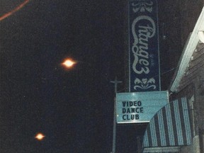 The sign outside Changez By Nite dance bar on Wyandotte Street East, circa 1980s.