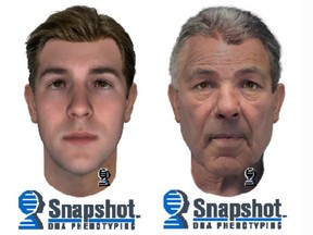 Composite images of a suspect in the 1971 sexual assault and murder of six-year-old Ljubica Topic on Drouillard Road. The images were generated through phenotyping of DNA evidence recovered at the crime scene. Image on the left shows suspect at age 25, image on the right shows him at age 70.