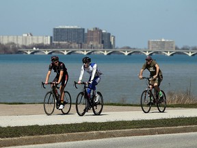 Cyclists were out in force along the riverfront trail in Windsor on on a sunny Friday, April 15, 2016.