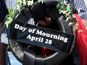 A black wreath at a National Day of Mourning ceremony in Calgary in 2008.