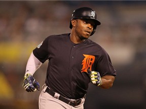 Justin Upton #8 of the Detroit Tigers rounds second base after hitting a solo home run to right field during the sixth inning of a Spring Training Game against the New York Yankees on March 28, 2016 at George M. Steinbrenner Field, Tampa, Fla.