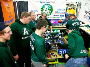 The Pit Station of the team 4920 Belle River "Automatons" doing last minute adjustments for their next match.