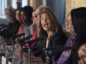 Naomi Klein, author and activist, joins other actors, activists, and musicians in launching the Leap Manifesto outlining a climate and economic vision for Canada during a press conference in Toronto on Tuesday, September 15, 2015.
