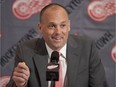 Red Wings head coach Jeff Blashill has a laugh while answering questions at a news conference at Joe Louis Arena on June 9, 2015.