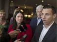 Ontario Conservative Leader Patrick Brown, right, is joined by Chatham-Kent Essex MPP Rick Nicholls and representatives of the Windsor-Essex chapter of the Registered Nurses Association of Ontario at the Best Western in downtown Windsor, Saturday, April 9, 2016.