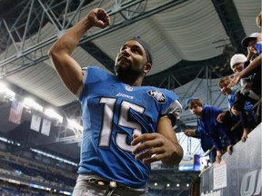 Lions Golden Tate celebrates after a win over the Raiders at Ford Field on November 22, 2015 in Detroit.