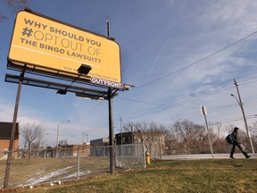A billboard is shown on University Ave. W. in Windsor, ON. on Monday, January 25, 2016, which is part of the City of Windsor and town of Tecumseh's campaign to urge local charities to opt out of the class-action lawsuit involving bingo fees.