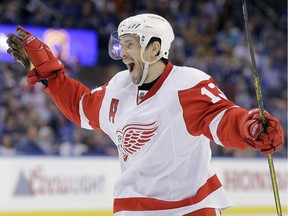 Detroit Red Wings centre Pavel Datsyuk celebrates his goal during a playoff game against the Tampa Bay Lightning on April 25, 2015.