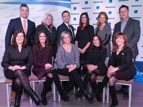 2016 Business Excellence Awards Committee are (from left): back row — Jason Toner (Tourism Windsor Essex), Heather Mazzotta (Motor City Chrysler), Jonathan Roung (CIBC Imperial Service), Kelly Blais (Media Street Productions, show producer), Marlene Corey (TVCOGECO, exclusive broadcast sponsor) and  Keith Chinnery (Bell Media radio stations AM800 & AM580, platinum sponsor); front row — Marianne Burke (Windsor- Essex Regional Chamber of Commerce, director of events), Gisele Levasseur, Shelby Colarossi (Windsor Essex Community Health Centre), Natalie Henderson (Canadian Auto Stores Ltd., chair), and Beverly Becker (Windsor Star, presenting sponsor).  Courtesy Mike Kovaliv, Snapd