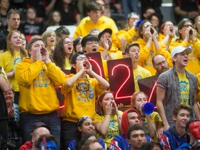 People cheer from the stands during the FIRST Robotics Competition at the St. Denis Centre on April 9, 2016.