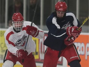 Daniel Berno, left, and Declan Graham battle for the puck during a Windsor Spitfires mini-camp on April 16, 2016 at the WCFU Centre in Windsor.