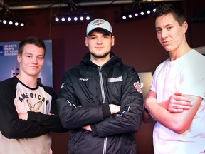 Mikhail Sergachev, left, Logan Brown and Logan Stanley are shown at the Windsor Star News cafe on Jan. 19, 2016.