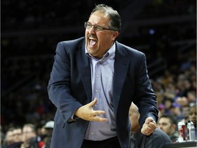 In this March 6, 2016 file photo, Detroit Pistons coach Stan Van Gundy reacts after the Pistons turned over the ball against the Portland Trail Blazers in Auburn Hills, Mich.