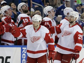 Detroit Red Wings defenseman Mike Green (25) celebrates his goal against the Tampa Bay Lightning with teammates, including Tomas Tatar (21), of Slovakia, during the second period of Game 1 in a first-round NHL hockey Stanley Cup playoff series Wednesday, April 13, 2016, in Tampa, Fla.