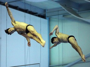 Great Britain's Thomas Daley and Daniel Goodfellow Johnson compete in the men's 10m synchro platform diving event at the 2016 FINA World Series at the Windsor International Aquatic and Training Centre in Windsor on Friday, April 15, 2016.